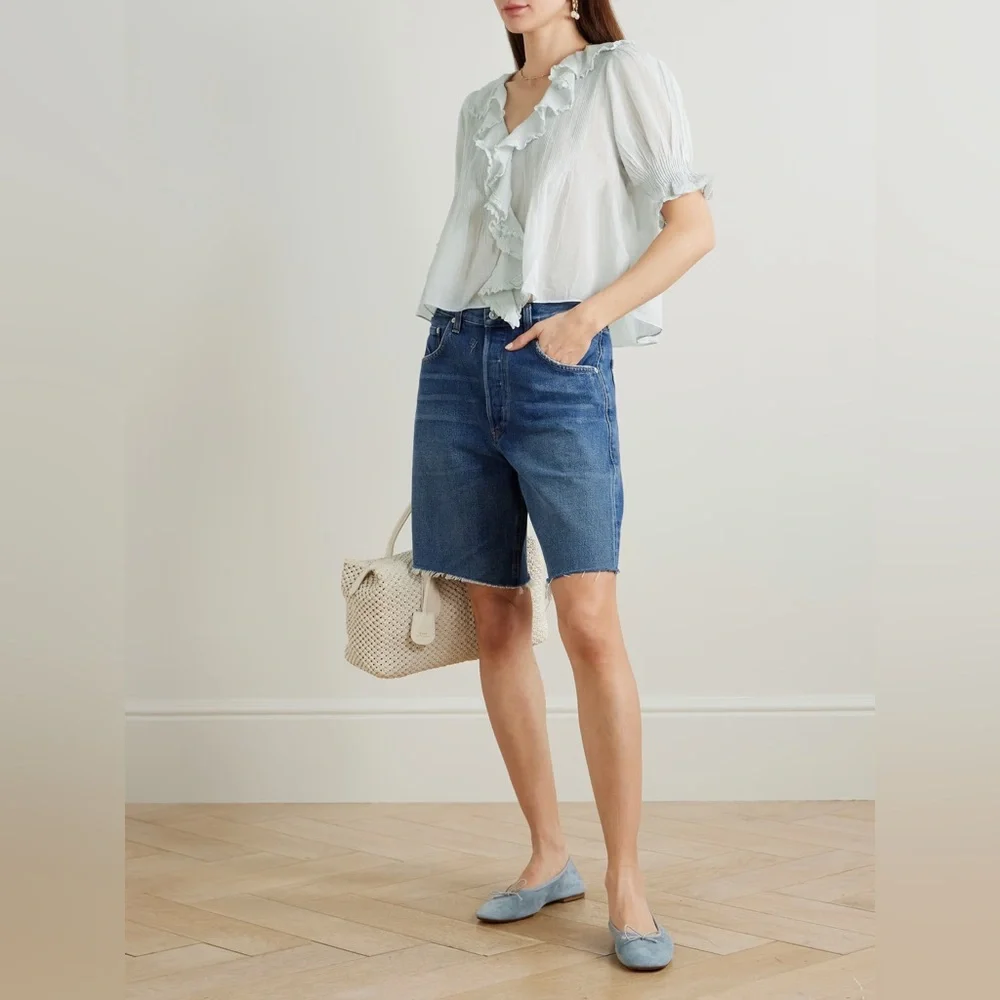 Doen NWT Medium Henri Ruffle Cotton Blouse in Alice Blue - Picture 4 of 14